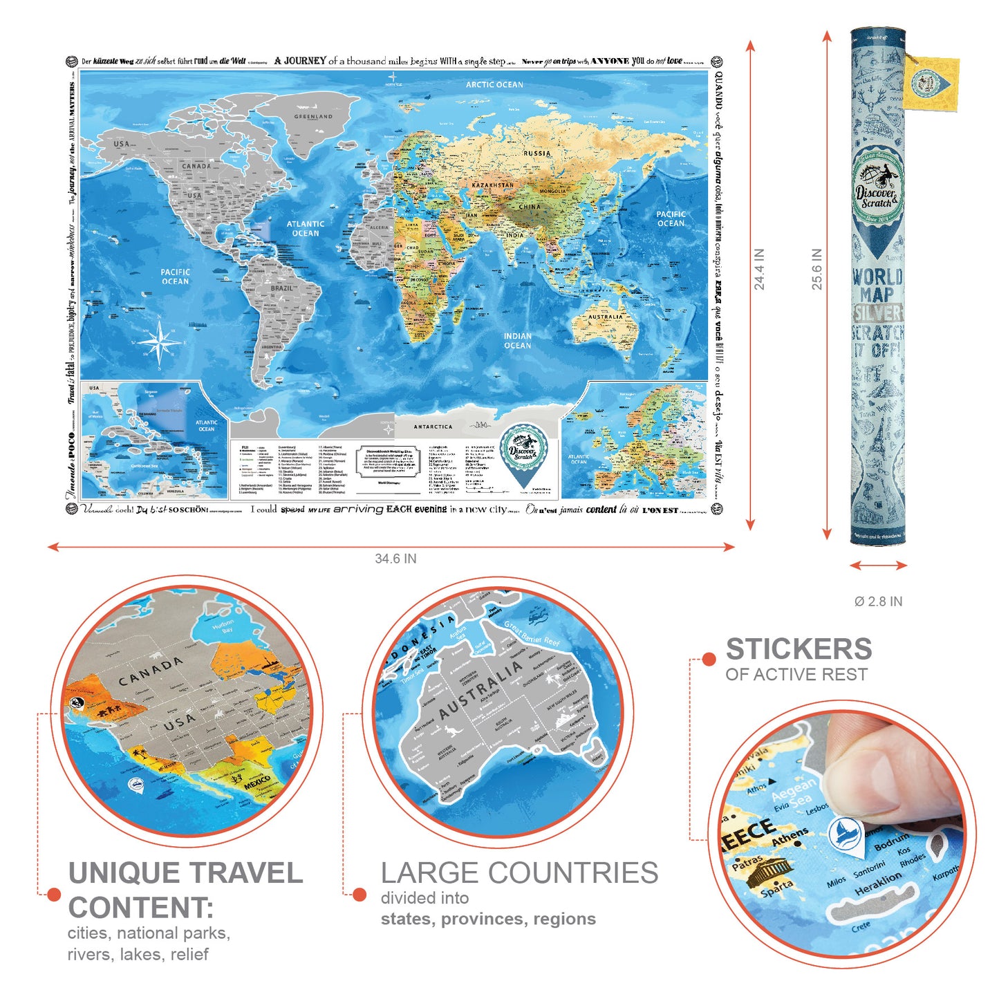 Carte du monde à gratter en argent (88 x 62 cm)
