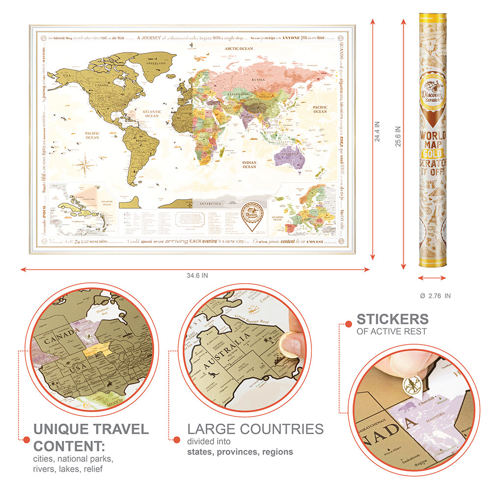 Carte du monde à gratter en or (88 x 62 cm)